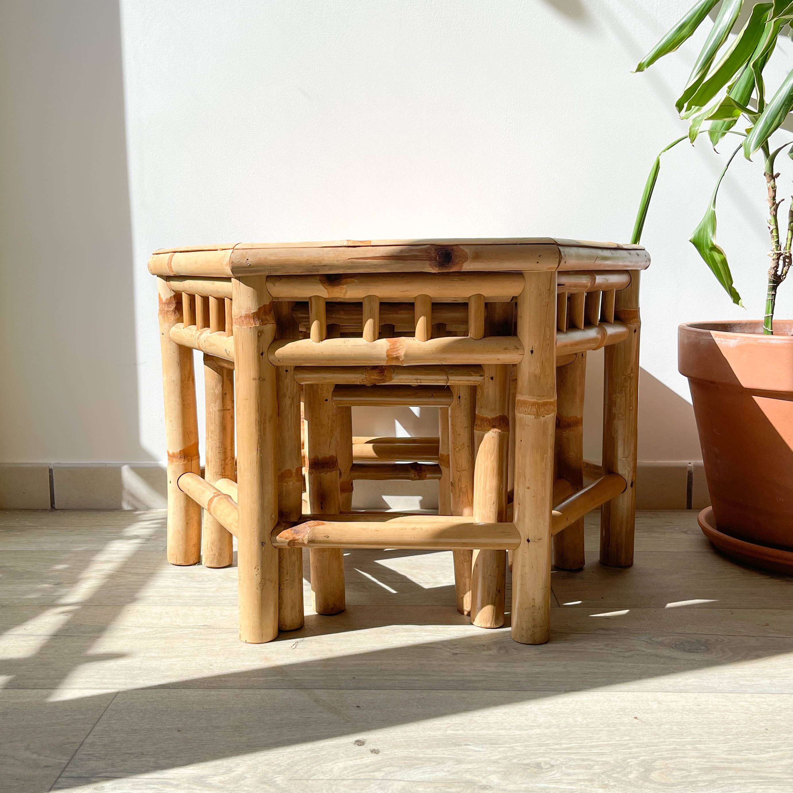 3 Vintage Bamboo Hexagonal Nesting Coffee Tables, 1970s