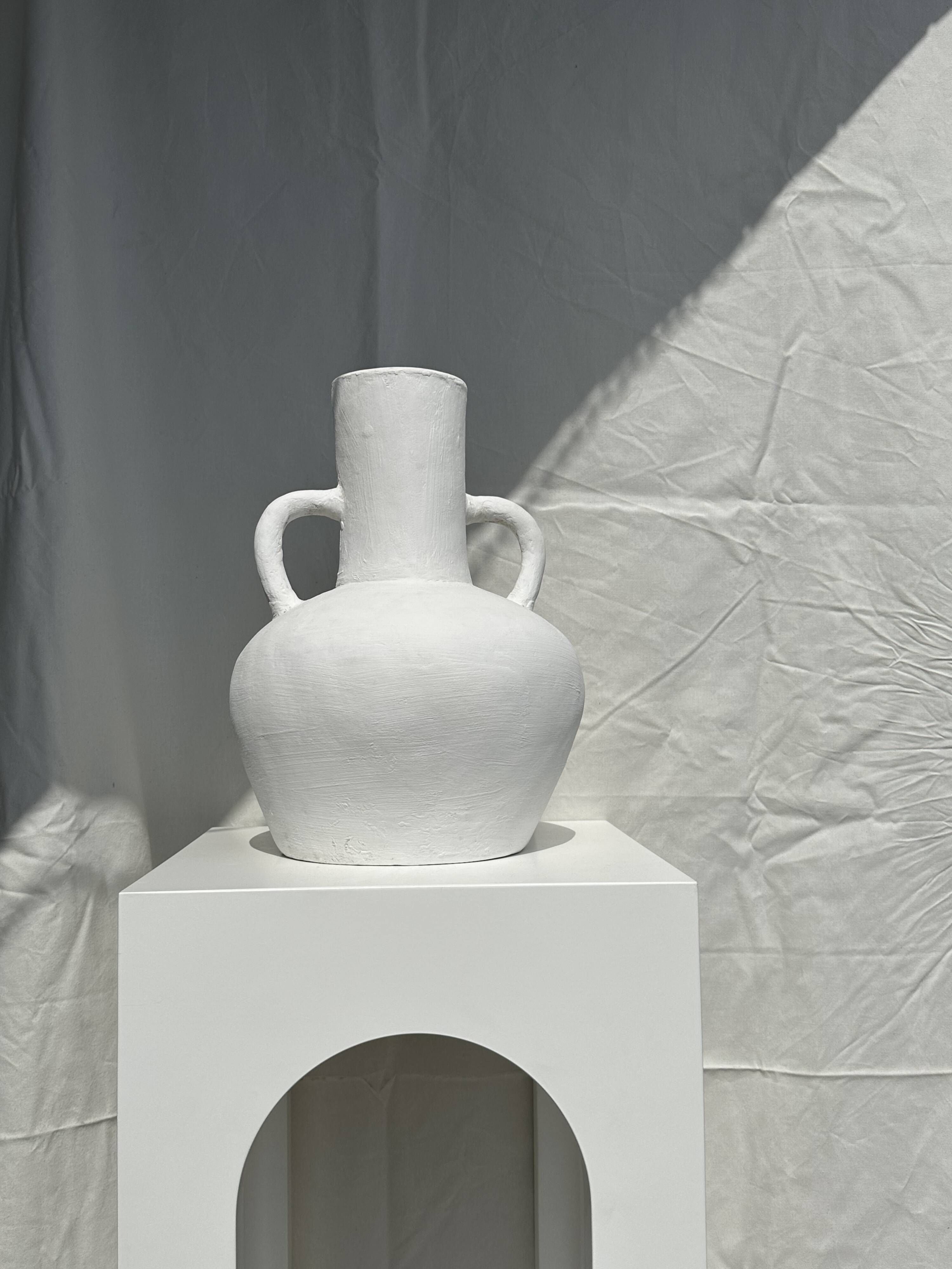 Large handcrafted terracotta vase painted white with double handles H40 D30