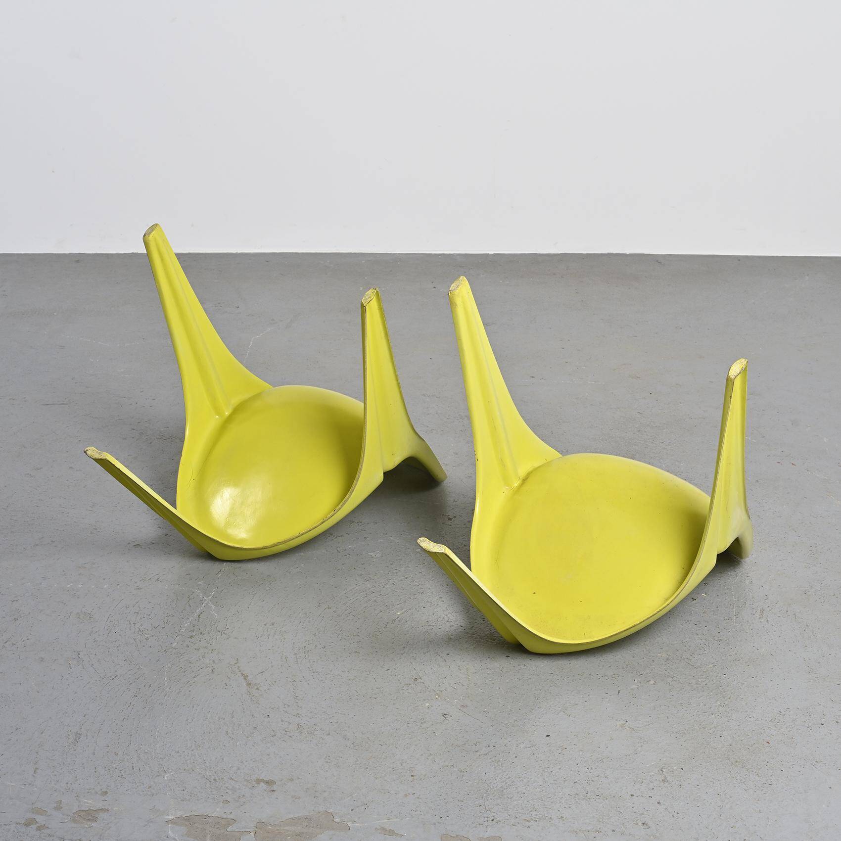 Pair of yellow fiberglass tripod chairs by Walter Frey, circa 1968