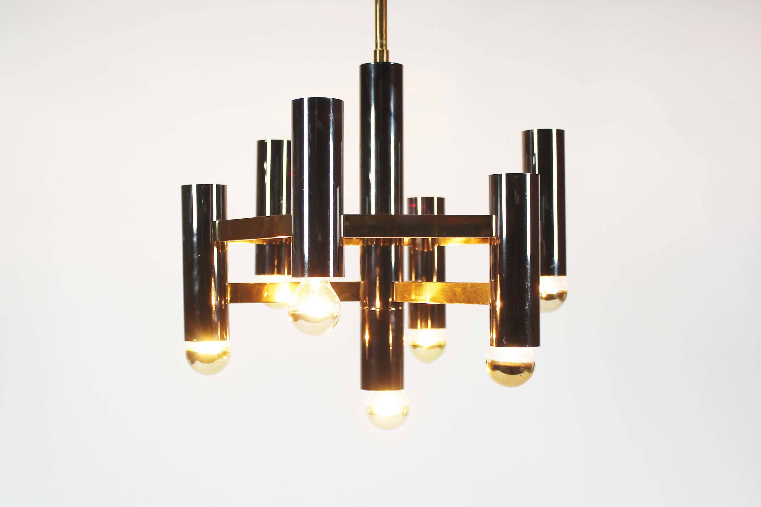 Brass & gunmetal geometric chandelier by "Boulanger S.A."