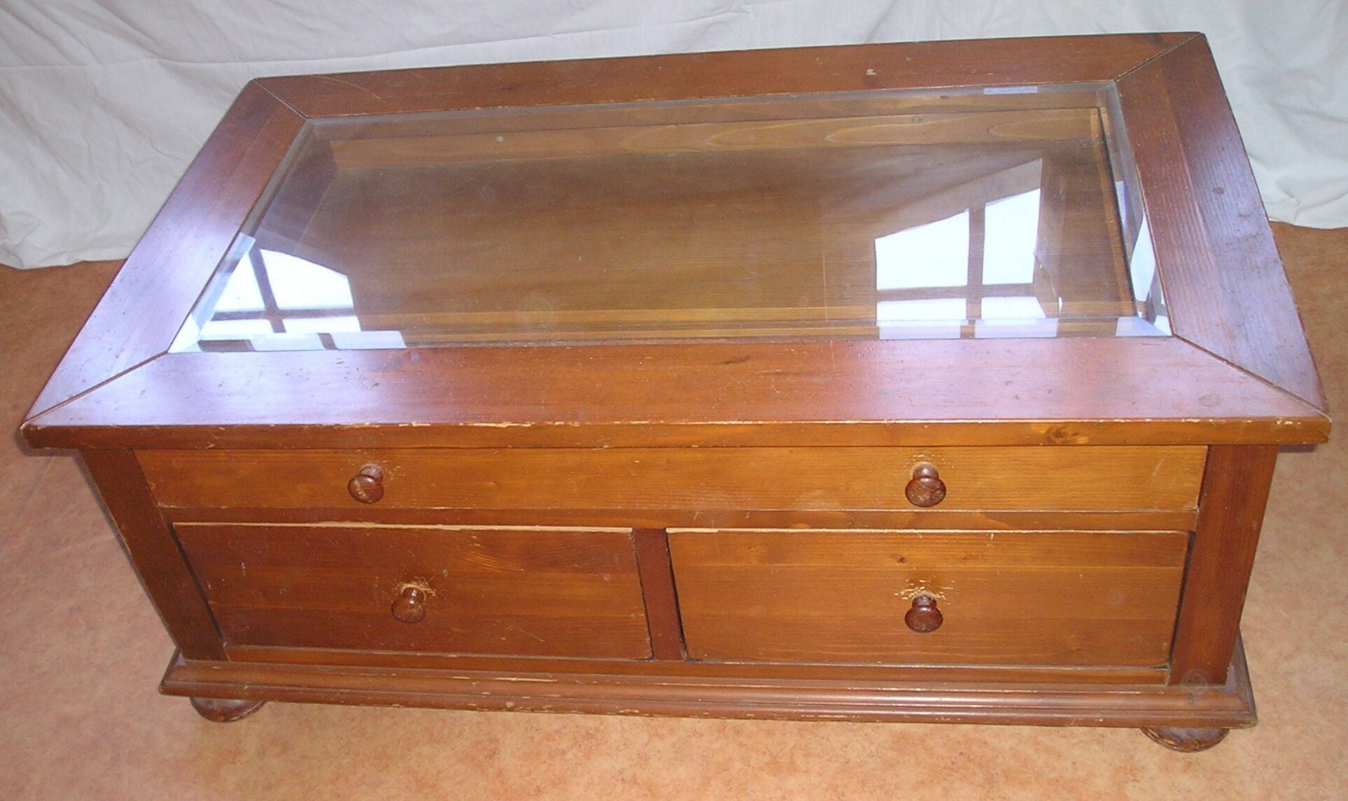 Coffee table top beveled glass and 3 drawers through