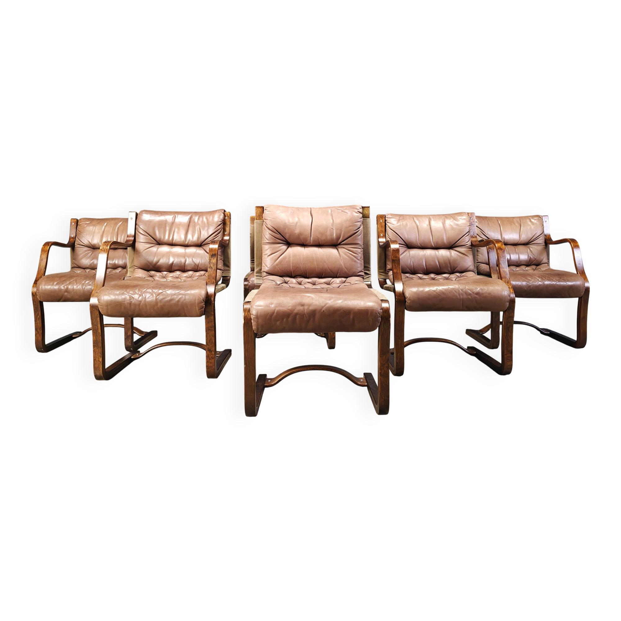 Asko Pajamies vintage leather plywood chairs from Finland, set of 6 - 1970s