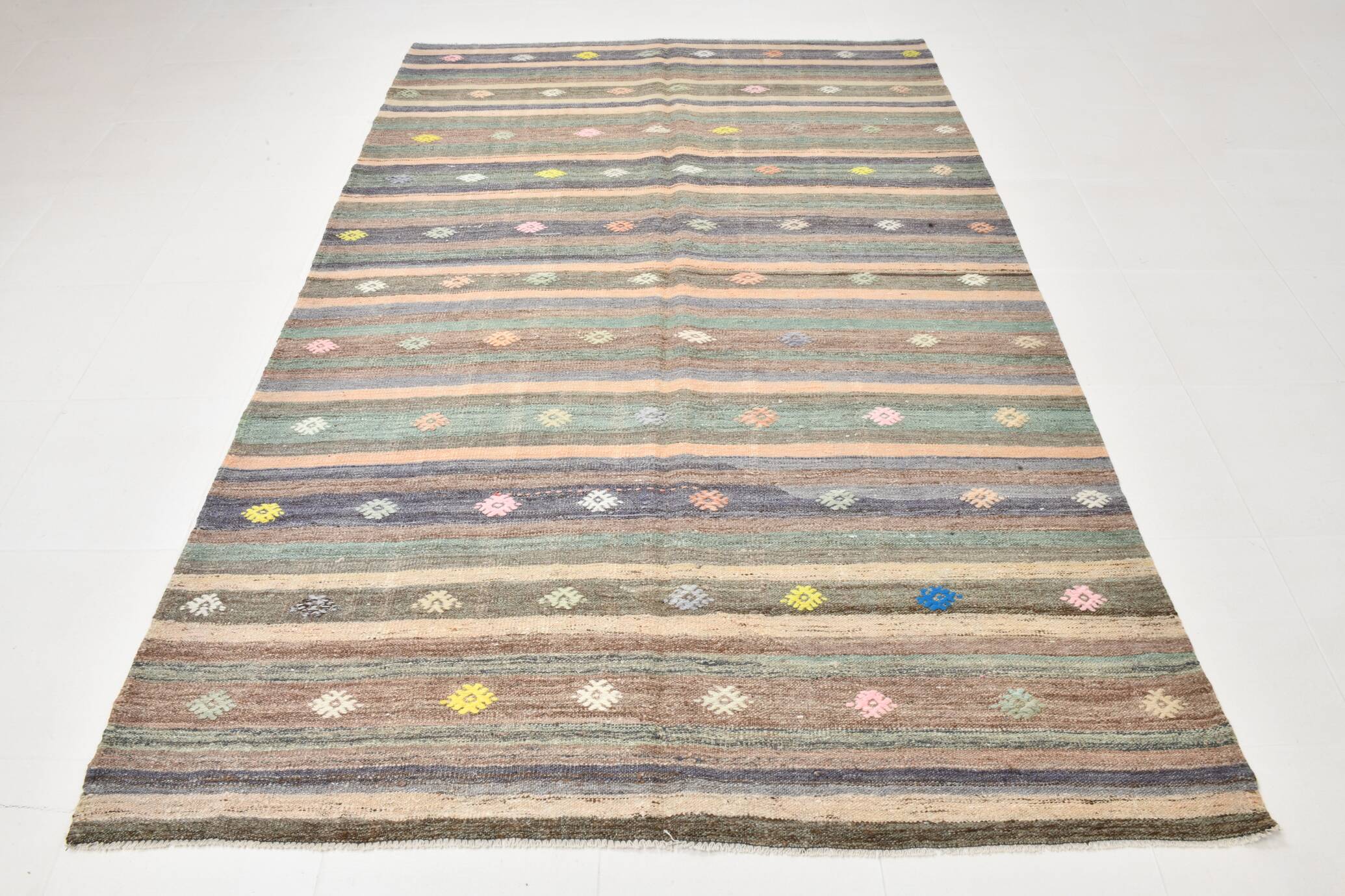6x9 Gray & Green Striped Pattern Kilim Rug, 176x262Cm