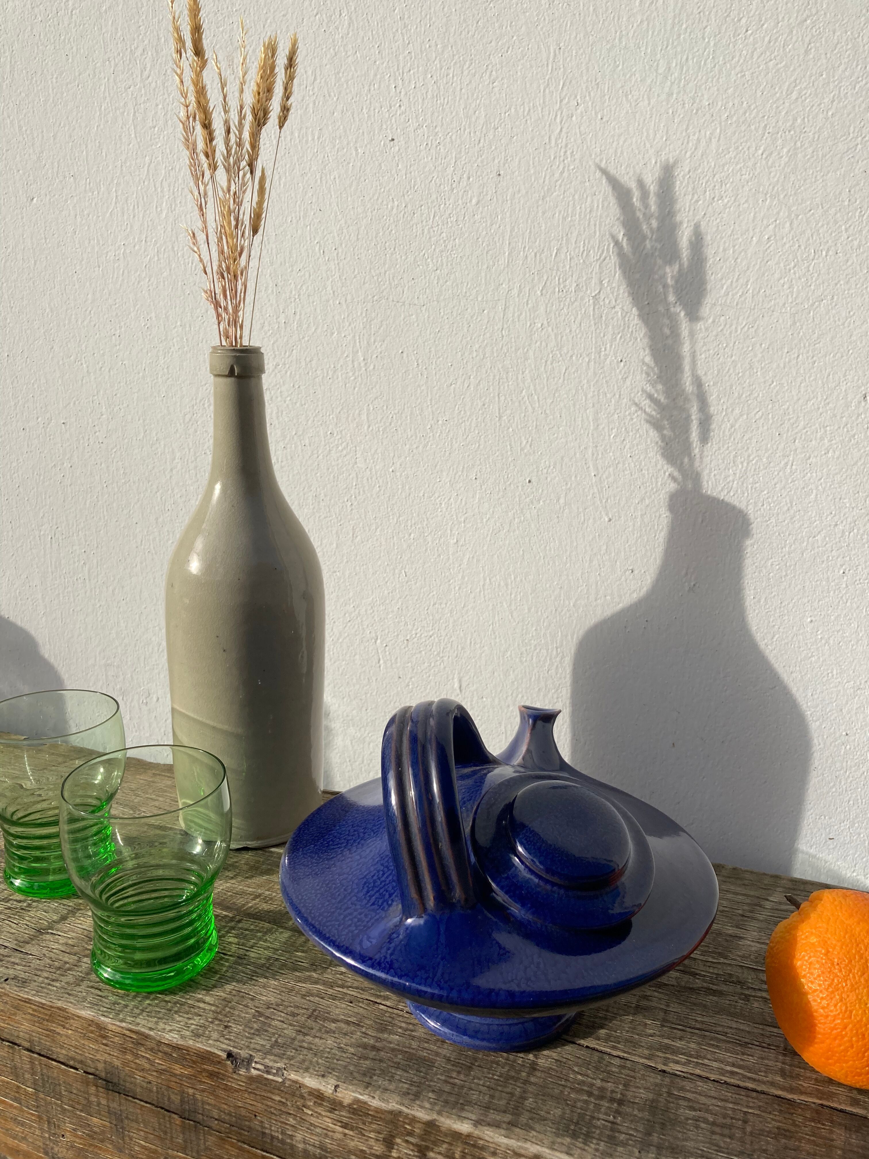 Organic teapot in blue ceramic