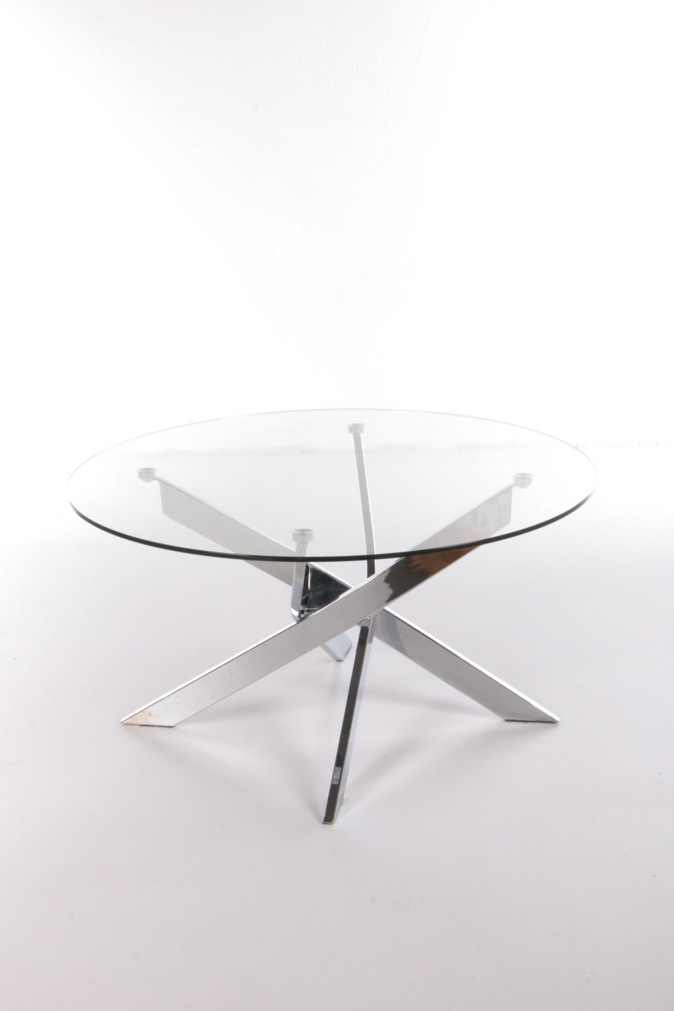 Vintage chrome coffee table with X frame and round glass top, 1980s