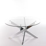Vintage chrome coffee table with X frame and round glass top, 1980s