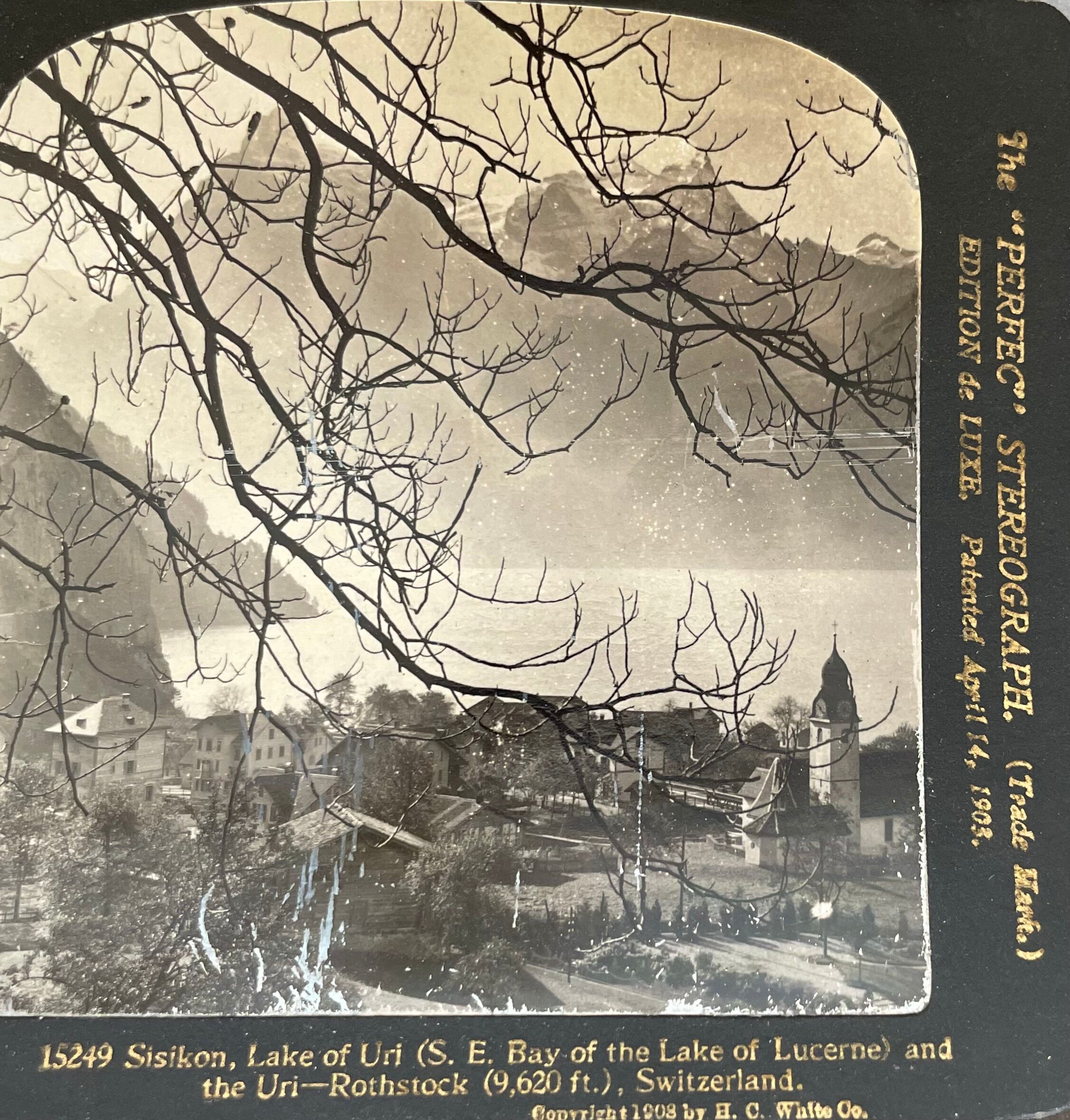 Old photography stereo, stereograph, luxury albumine 1903 Lake Lucerne, Switzerland