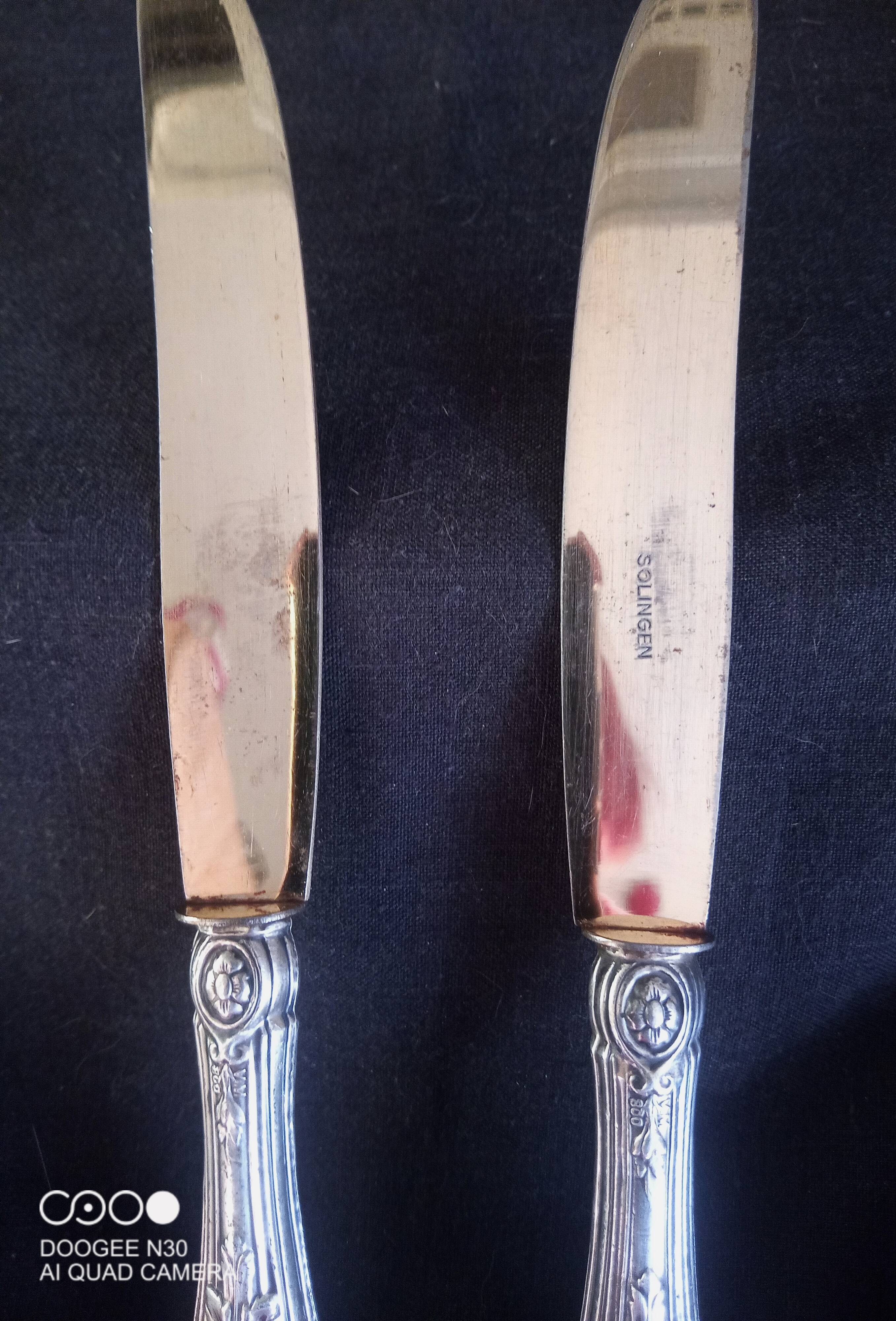 Set of 7 old cheese knives, Solingen brand, in VM800 silver and vermeil