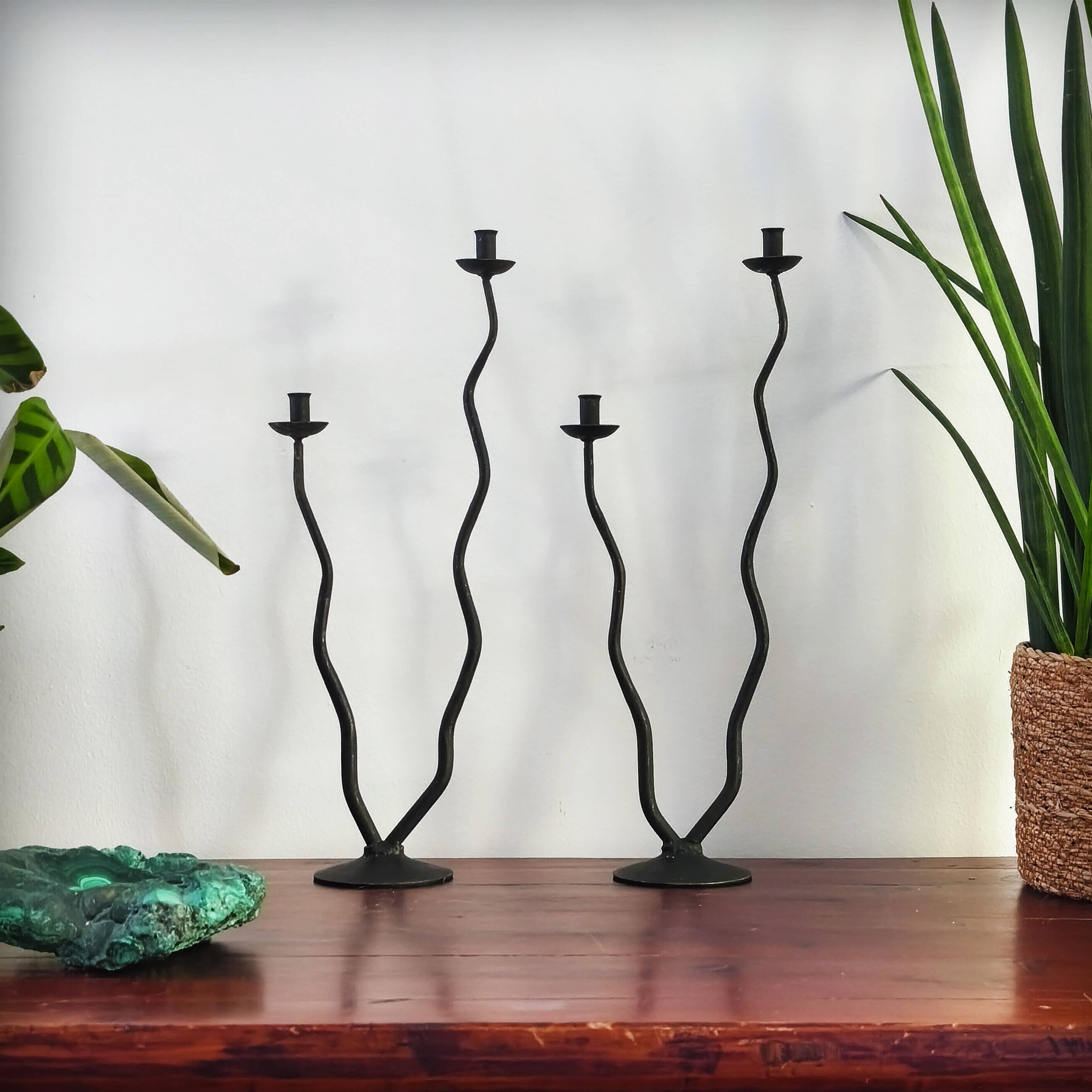 Pair of postmodern brutalist candlesticks in wrought iron, France, 1980s