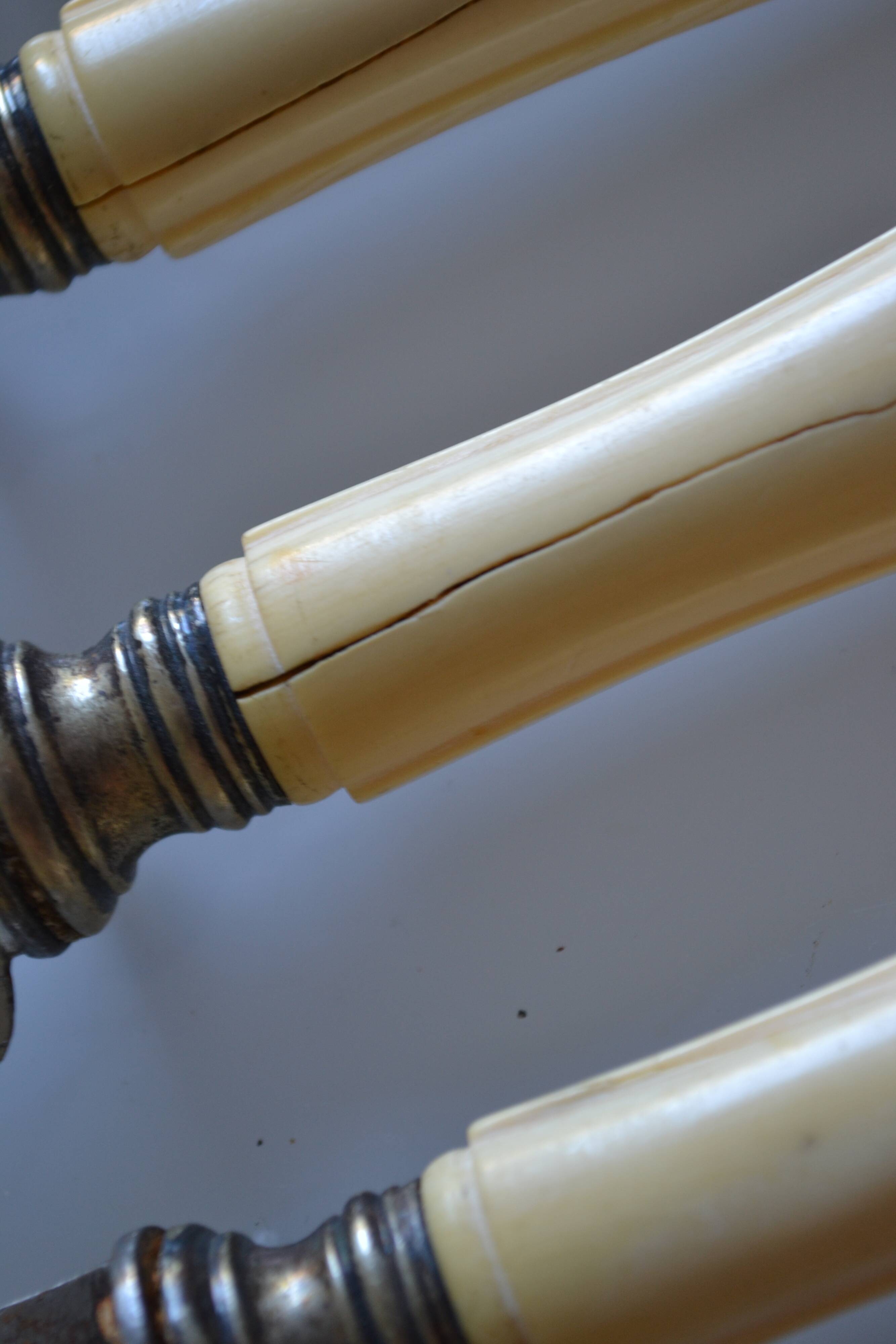 7 old table knives from the 19th century, monogrammed ivory-colored handles