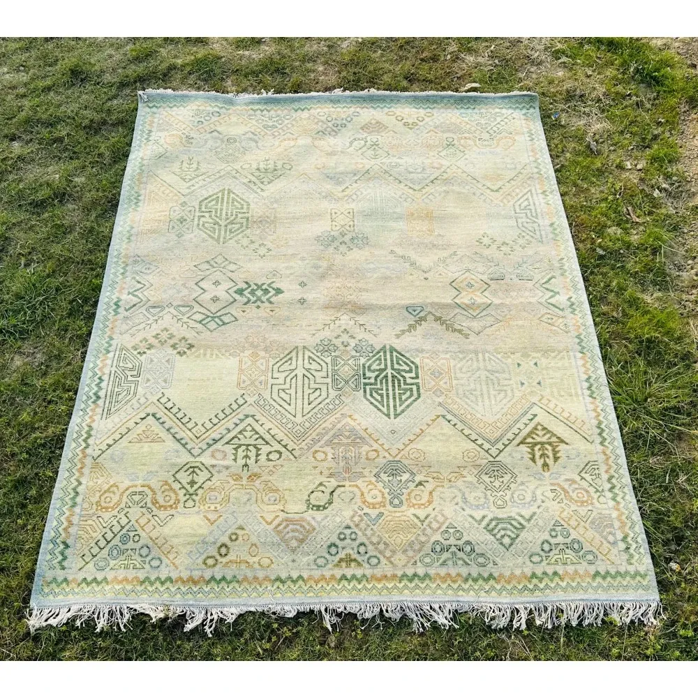 Hand-Knotted Wool Area Rug, Oushak Ivory Sage Green Design Carpet for Living Room