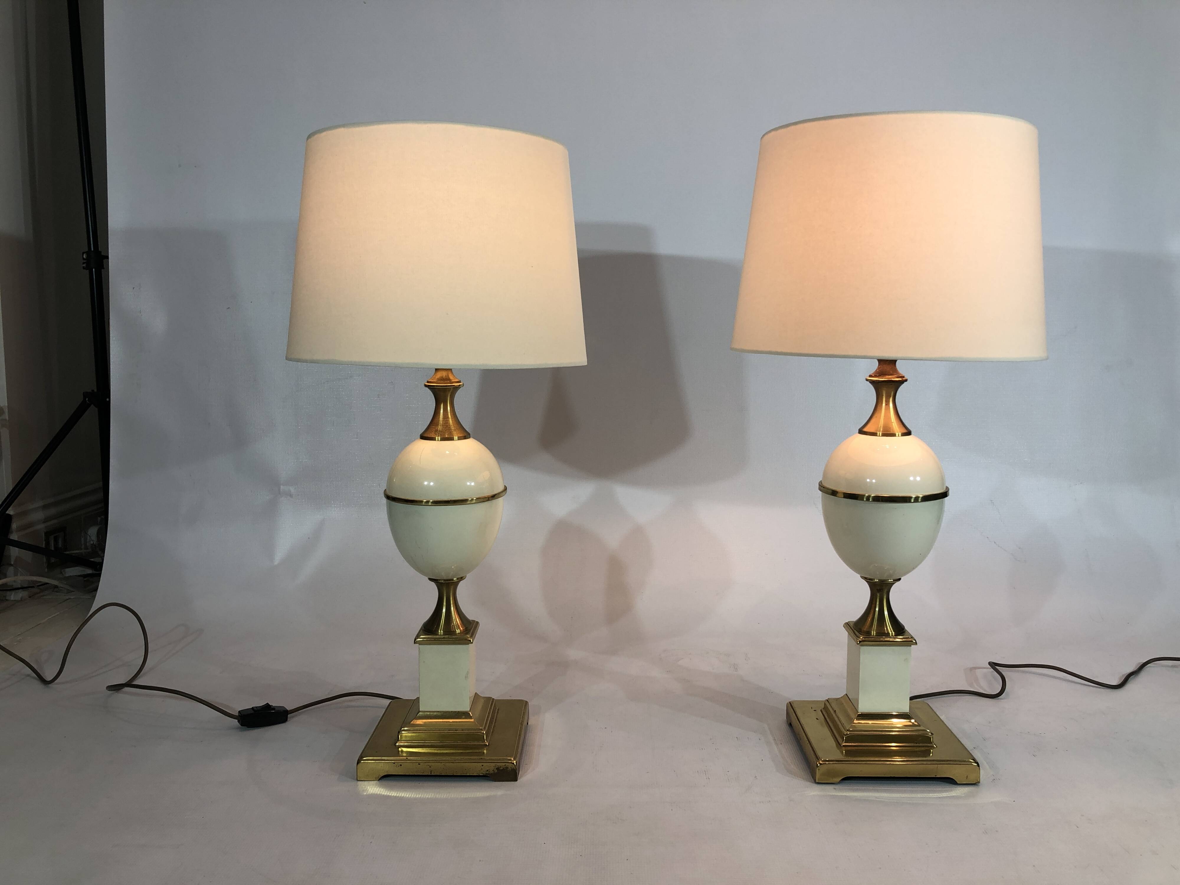 Near Pair of Vintage Enamel Egg Table Lamps - 1970s Hollywood Regency Retro