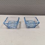 Two candleholders in turquoise/tranparent glass from Danish Kastrup-Holmegaard glassworks 1965-72