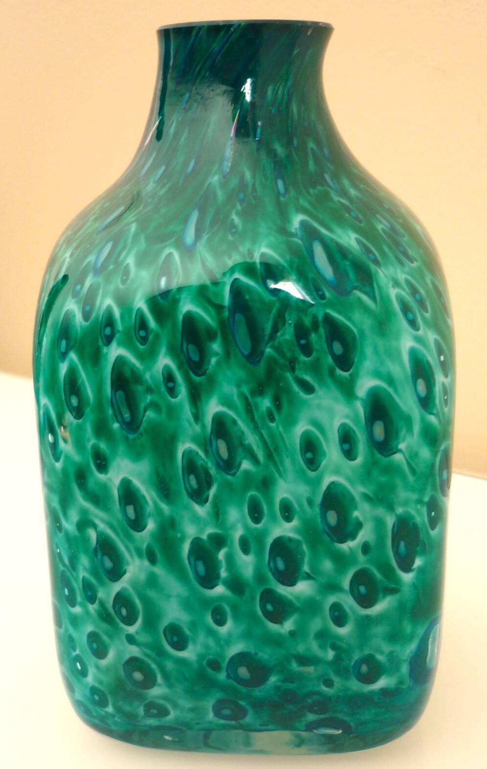 White multi-layer blown glass bottle vase with blue and green inclusions