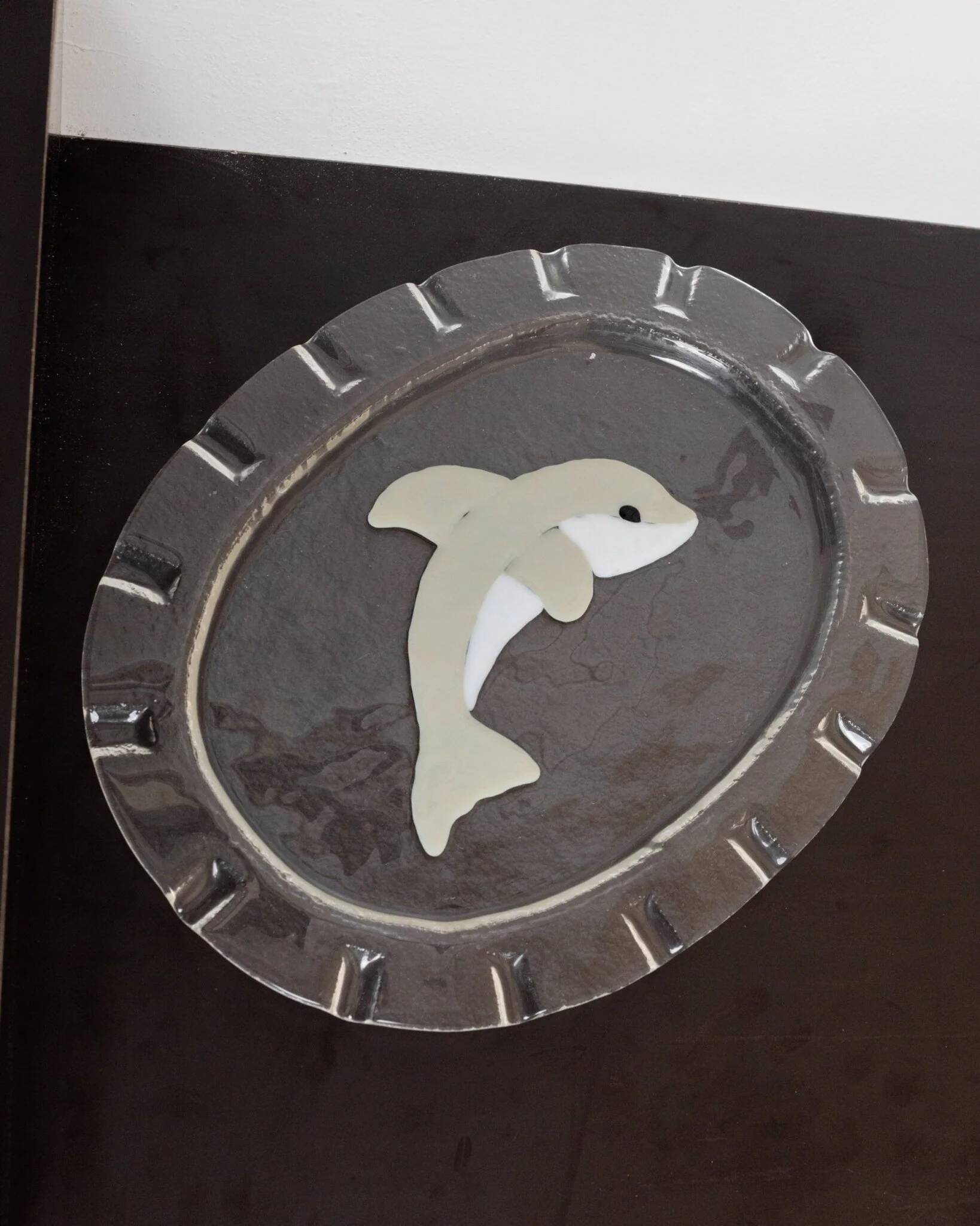 Vintage Murano glass serving platter with dolphin decoration, Italy, 1980s.