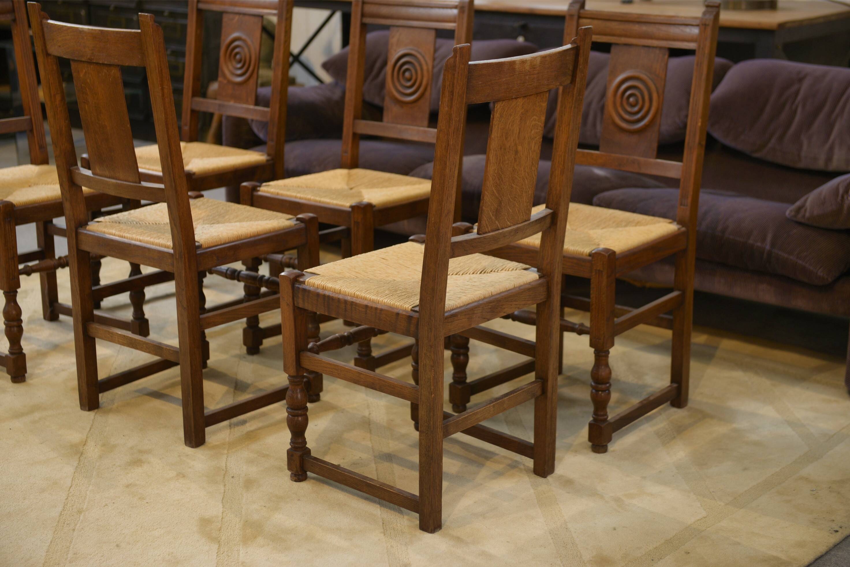 Set of 6 brutalist oak chairs from the 1950s.