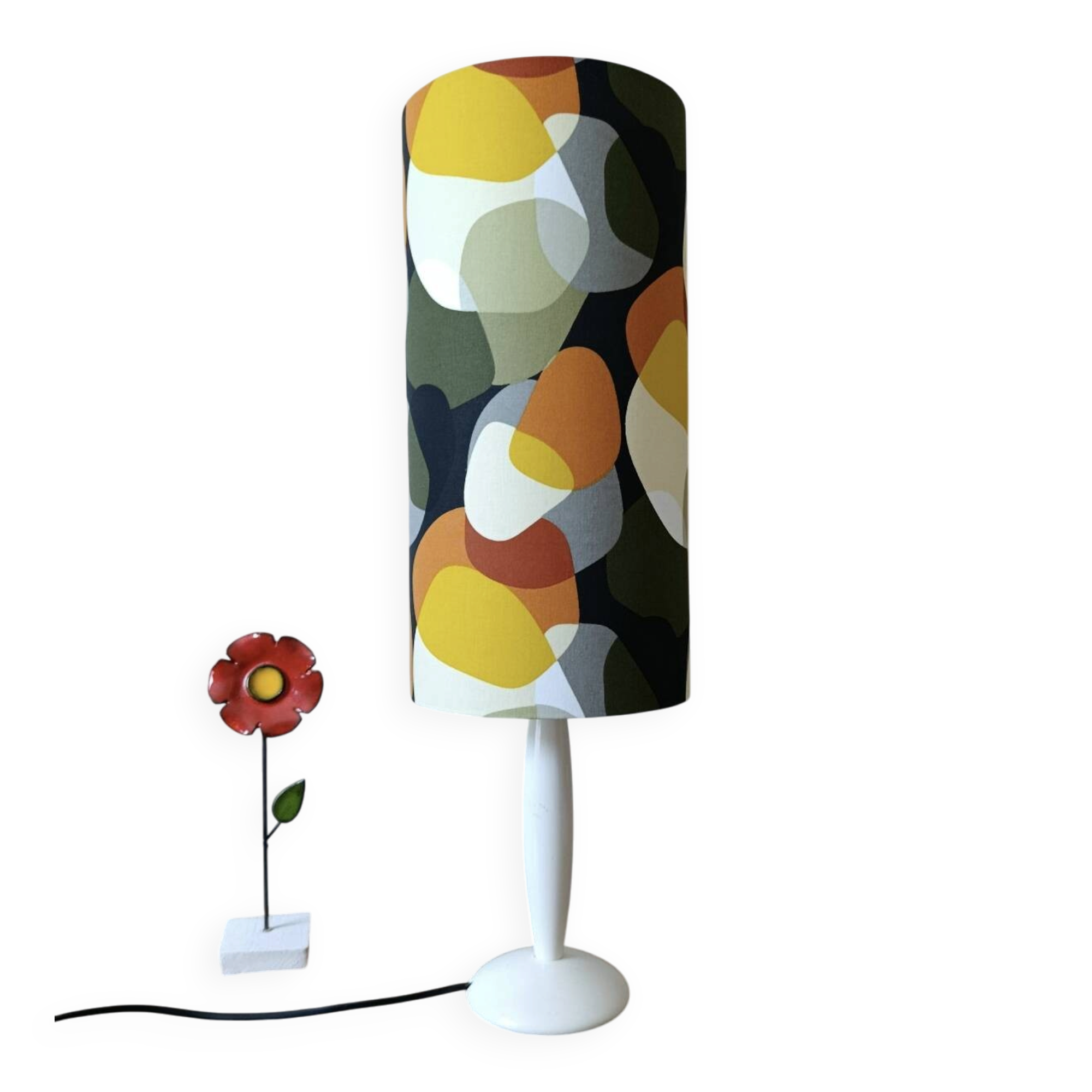 vintage lamp with a white wooden base, multicoloured sixties lampshade