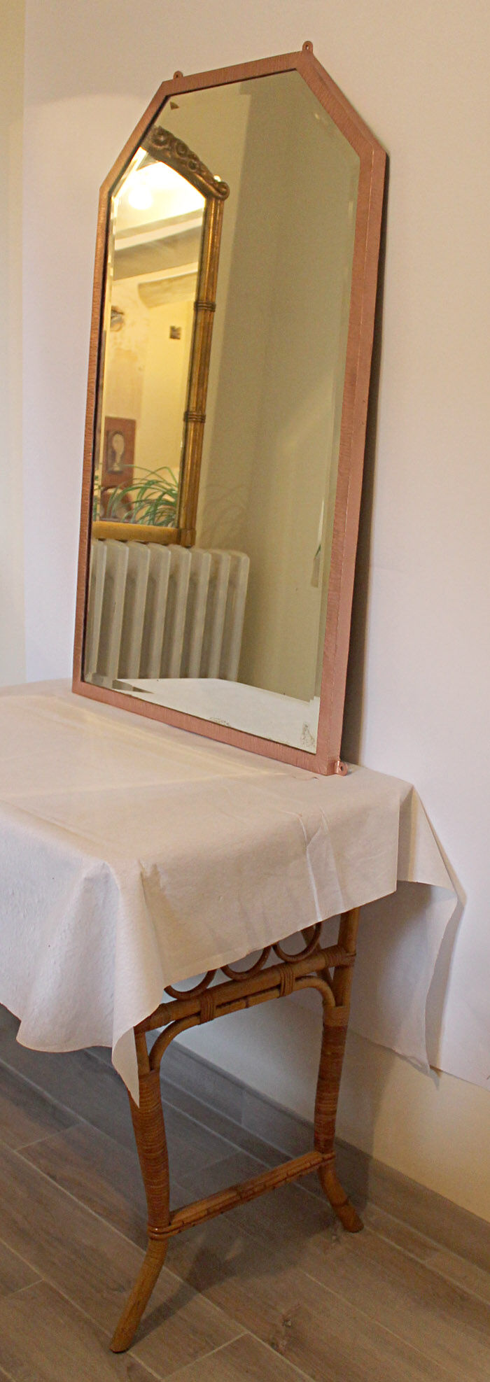 Art deco gold patinated metal mirror pink 65x105cm