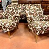 Fauteuils et canapé vintage pieds compas 1950 ancien motif floral