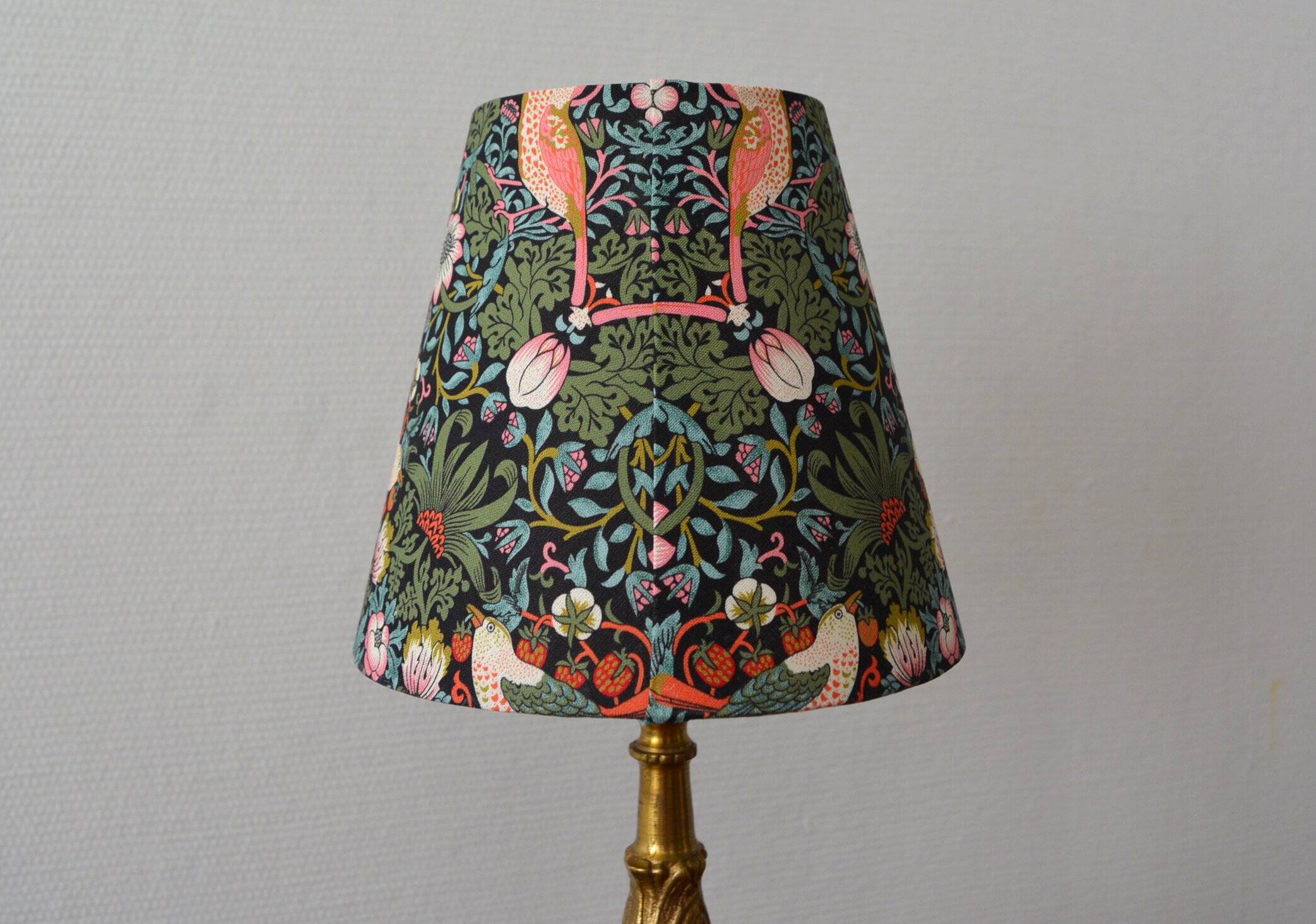 William Morris style lampshade, birds, strawberries, flowers.