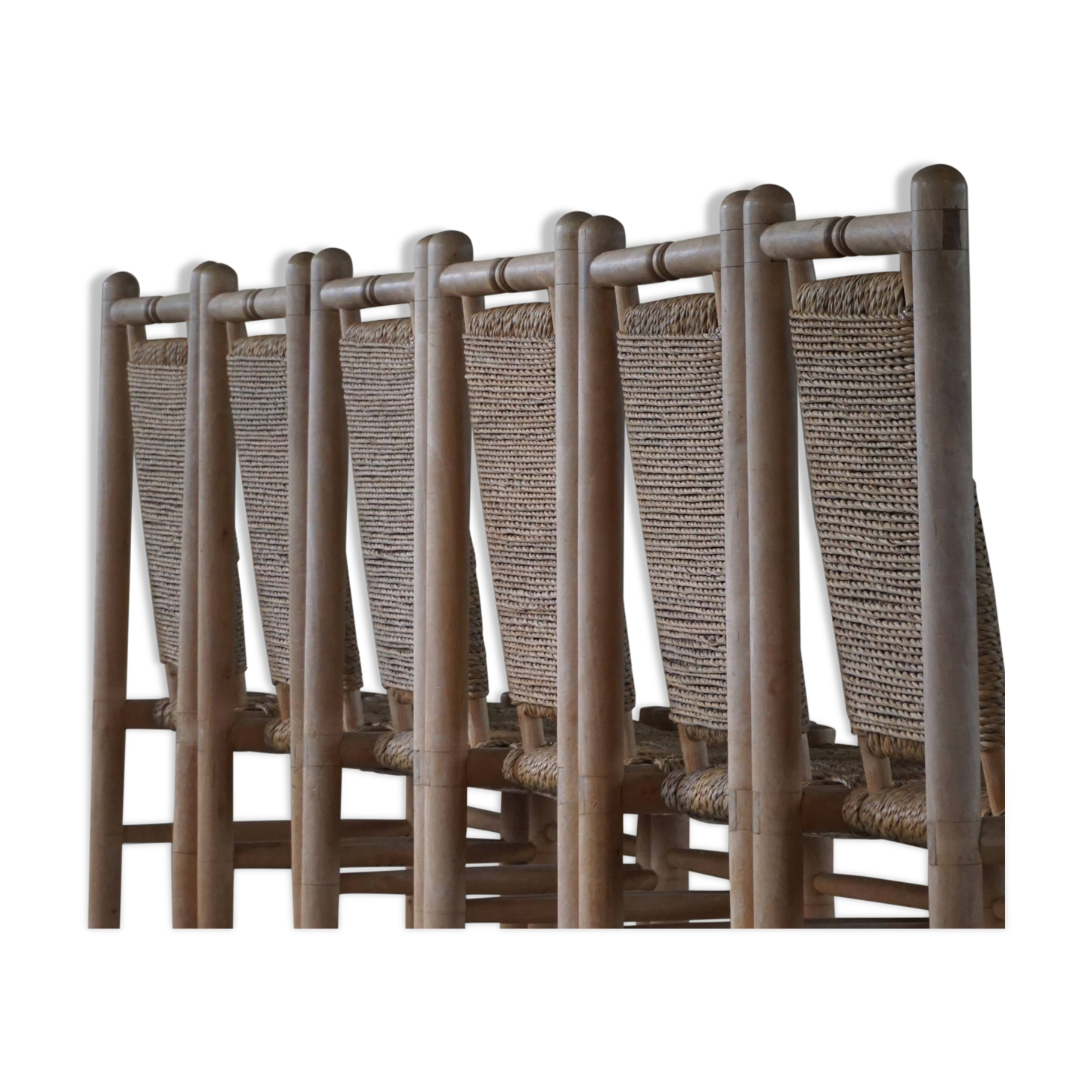 Set of 6 French Mid Century Naturalist Woven Highback Chairs in Solid Elm, 1960s