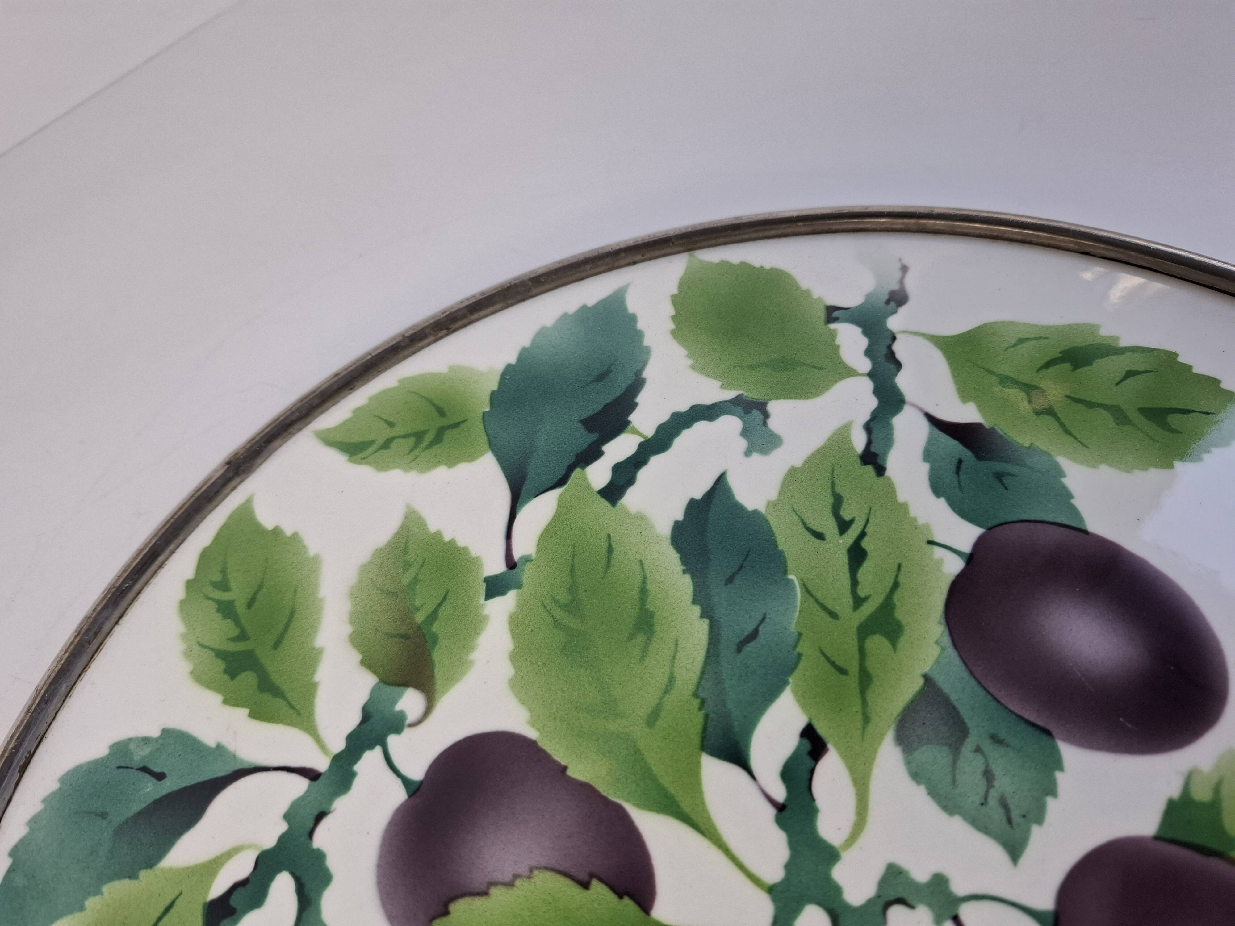 Czechoslovak Art Deco Porcelain Tray with Plum Motif and Metal Rim, 1930s