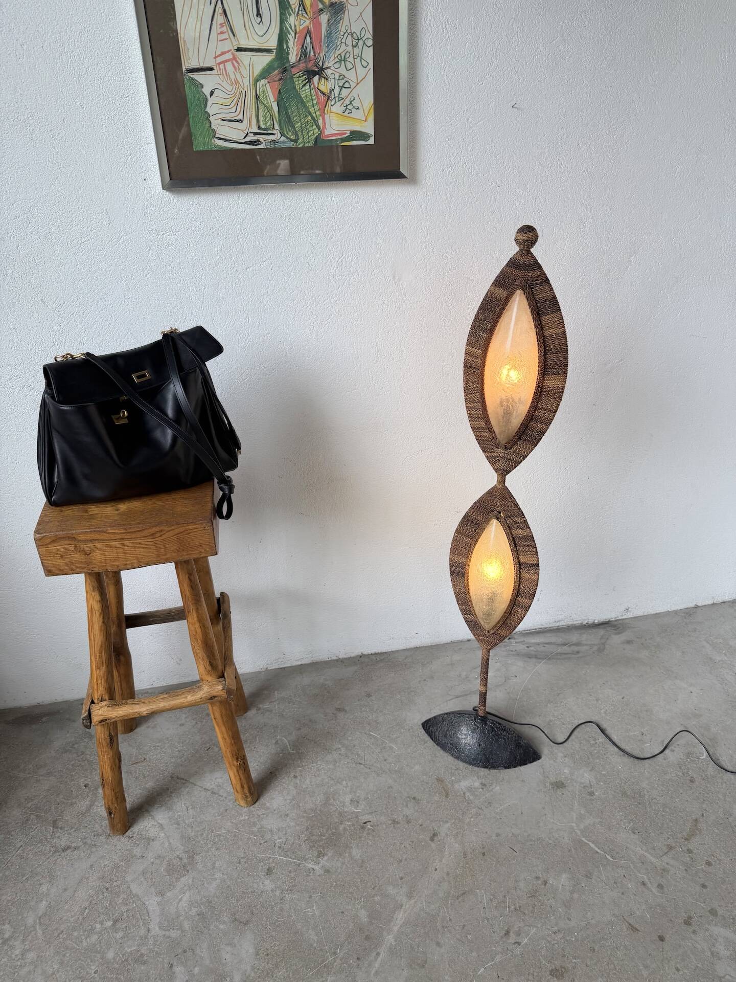 Lampadaire bronze et corde 1970