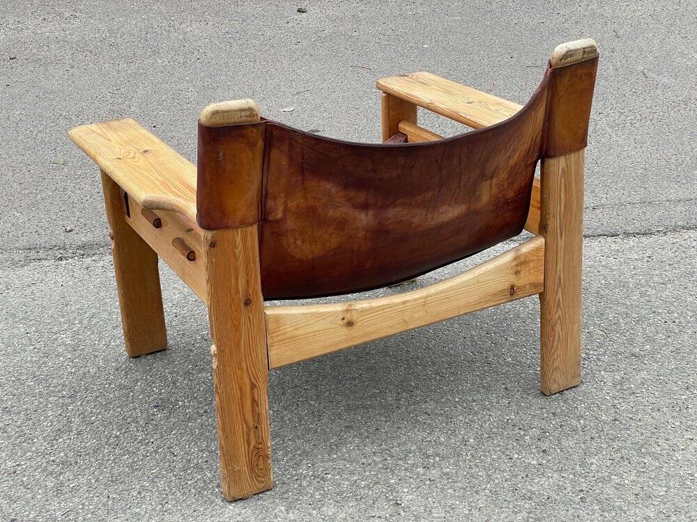 Safari chair in pine and leather, first edition attributed to Karin Mobring, 1970s