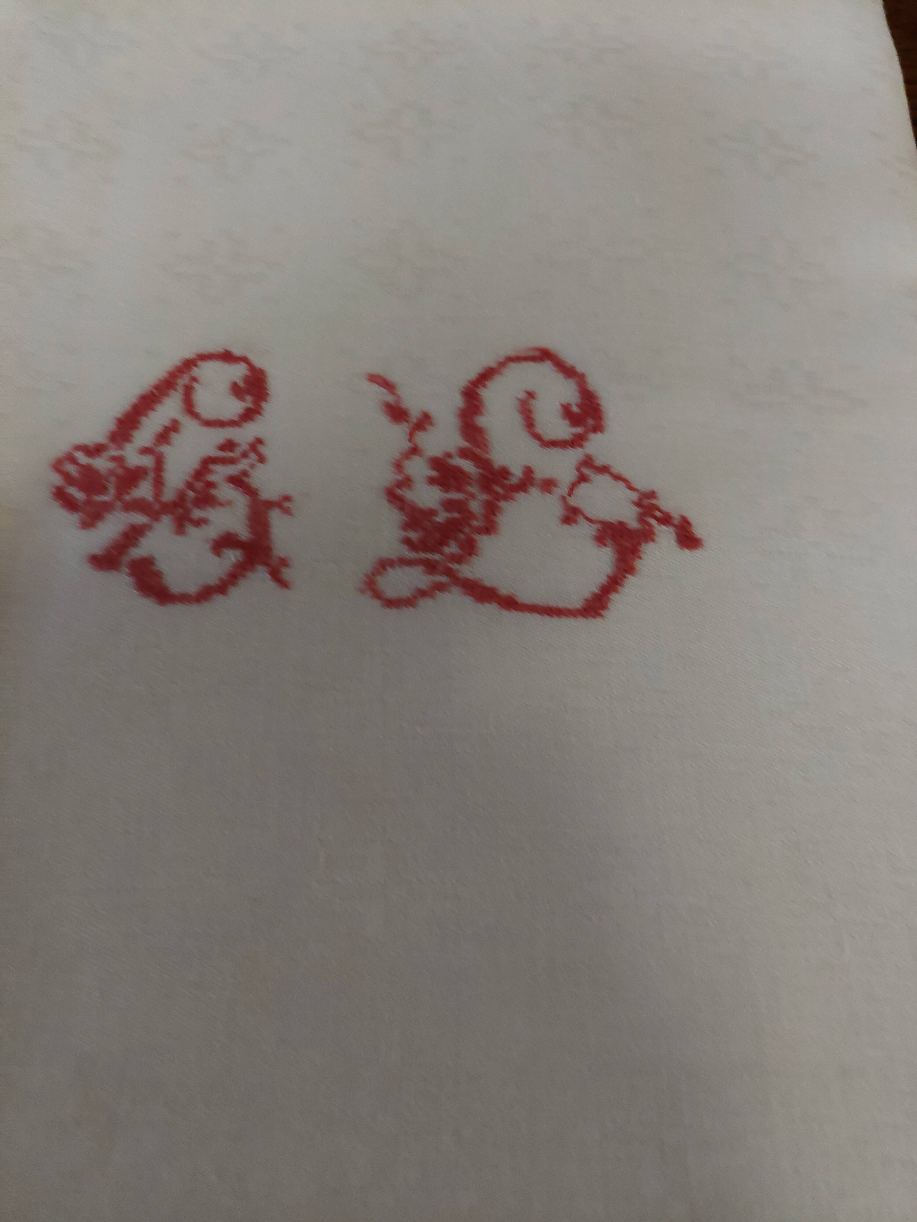 Old linen damask linen tablecloth red monogram GL 160 X 175 cm