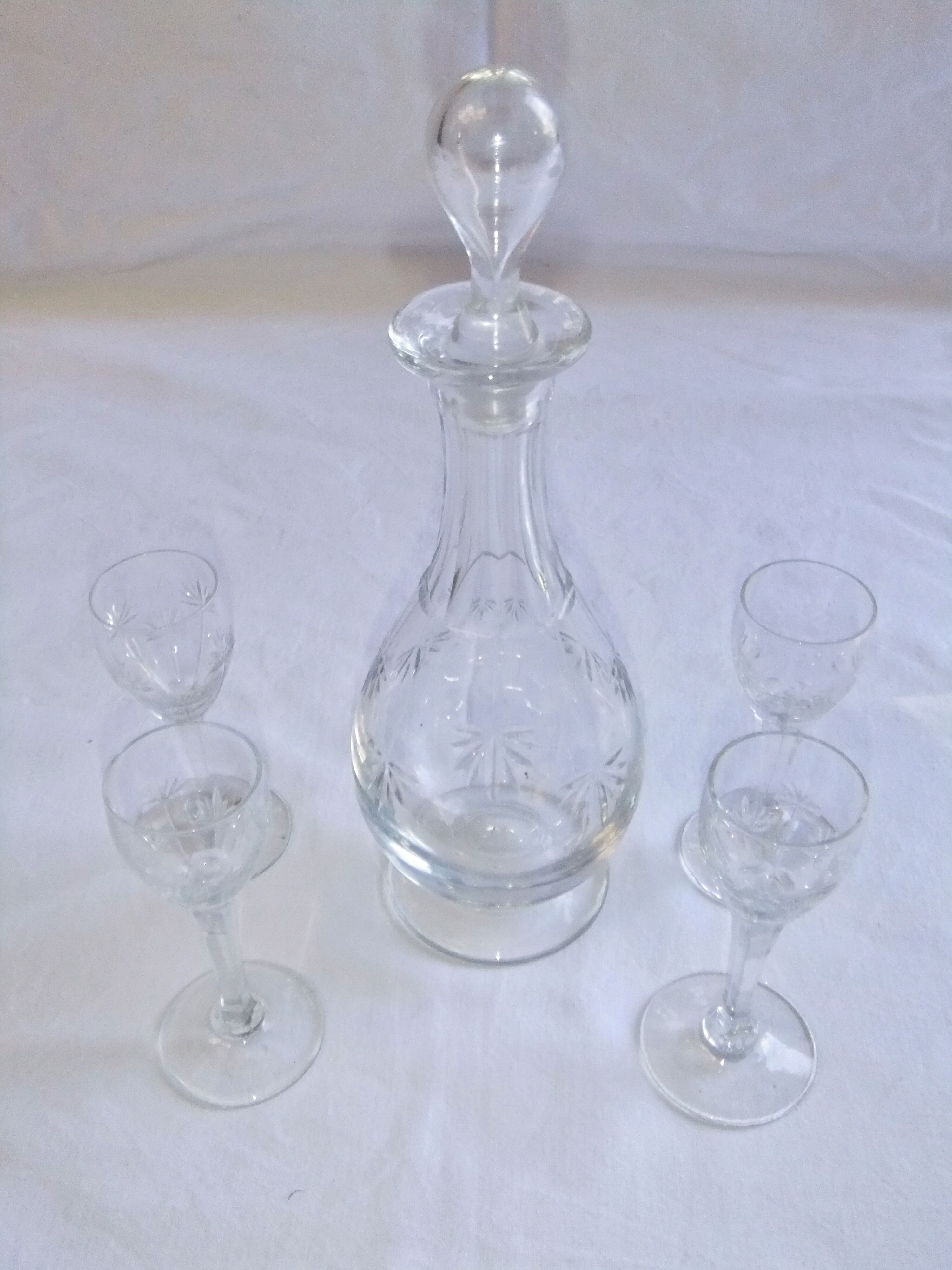 Bohemian crystal liqueur service Baccarat St Louis carafe glasses signed by an anchor