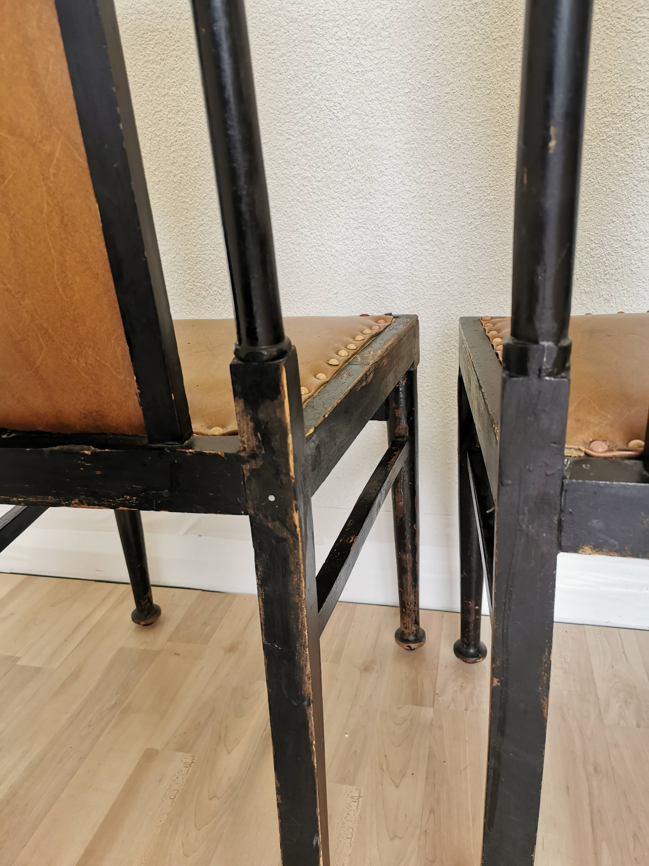 Set of 3 Vintage Dining Chairs: High Back, Leather Seat, Nailhead Trim