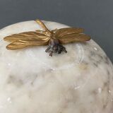 1900 alabaster ball shaped box surmounted by a golden dragonfly