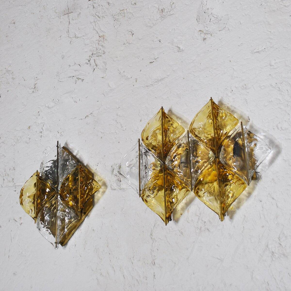 Amber glass and brass wall light by Mazzega, set of 2.