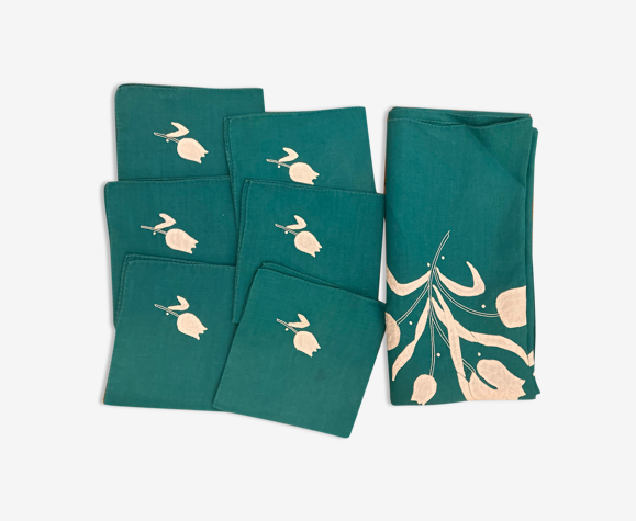 Lot nappe verte et 6 serviettes