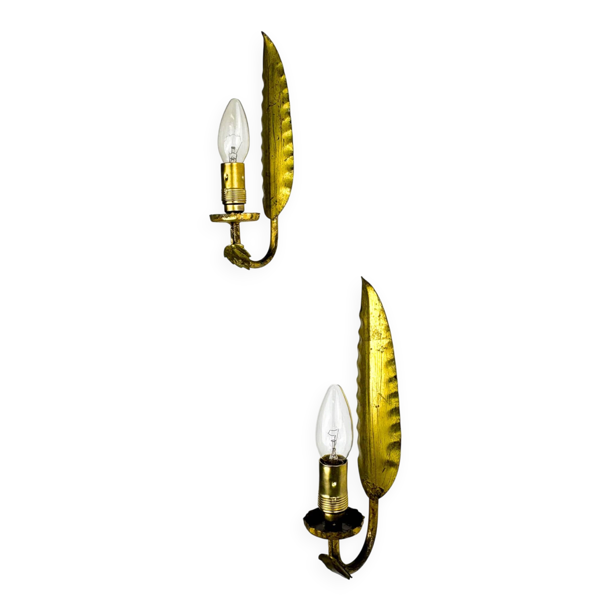 Pair of Spanish foliage wall sconces, leaf arms & bud shades, gilt iron, 1970s