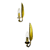 Pair of Spanish foliage wall sconces, leaf arms & bud shades, gilt iron, 1970s