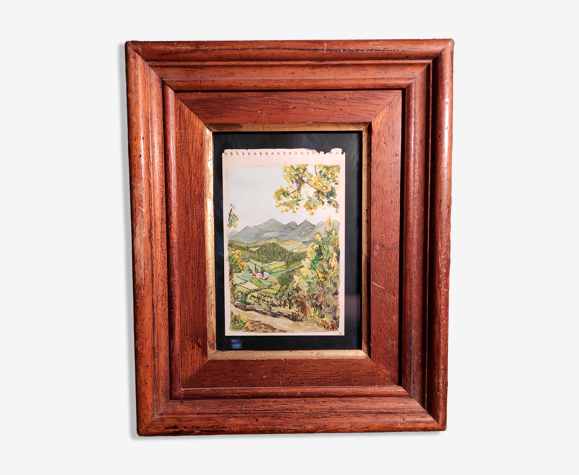 Tableau aquarelle vintage des Pyrénées, signée GD