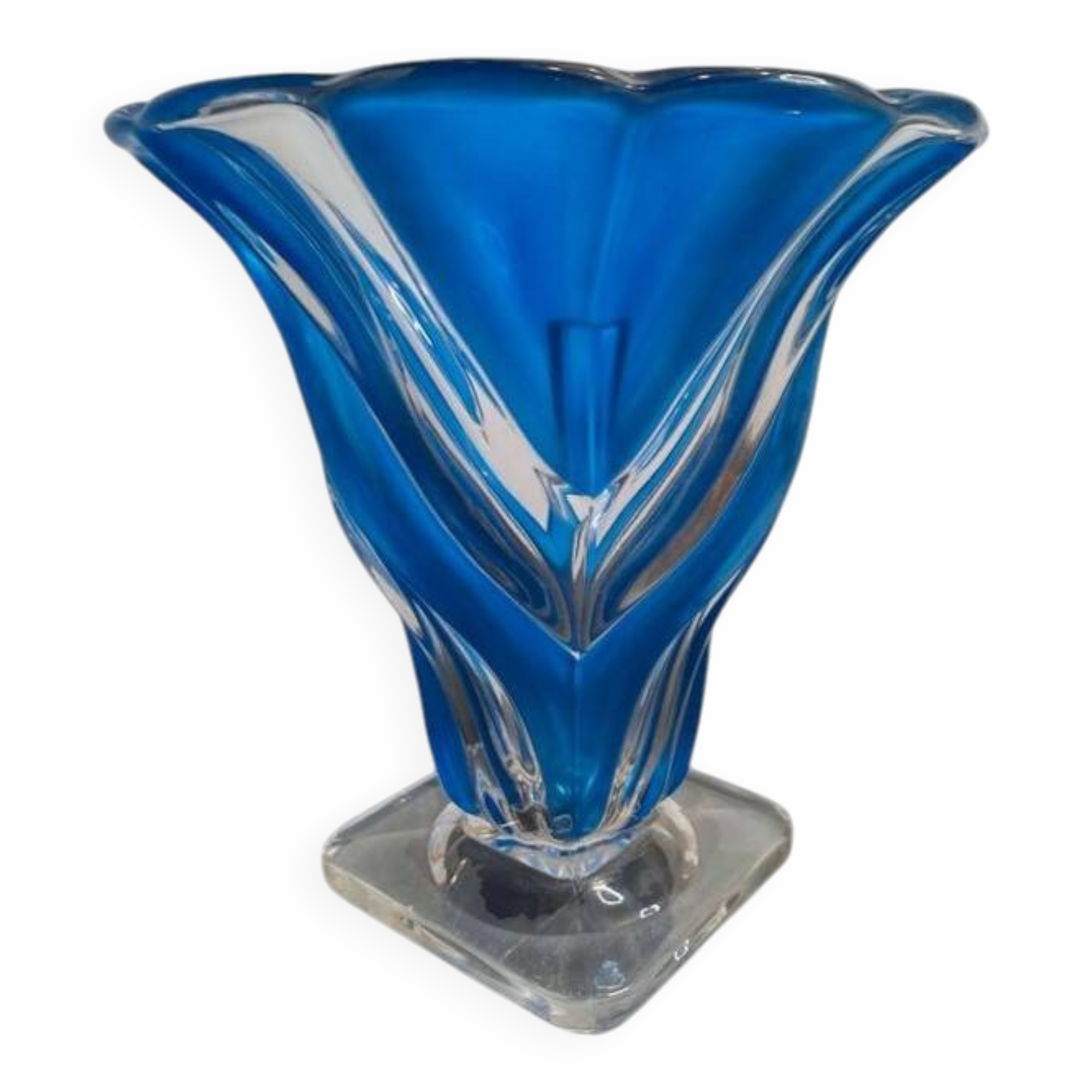 Vase en verre bleu cobalt et transparent – Forme de fleur – 19 x 18 cm