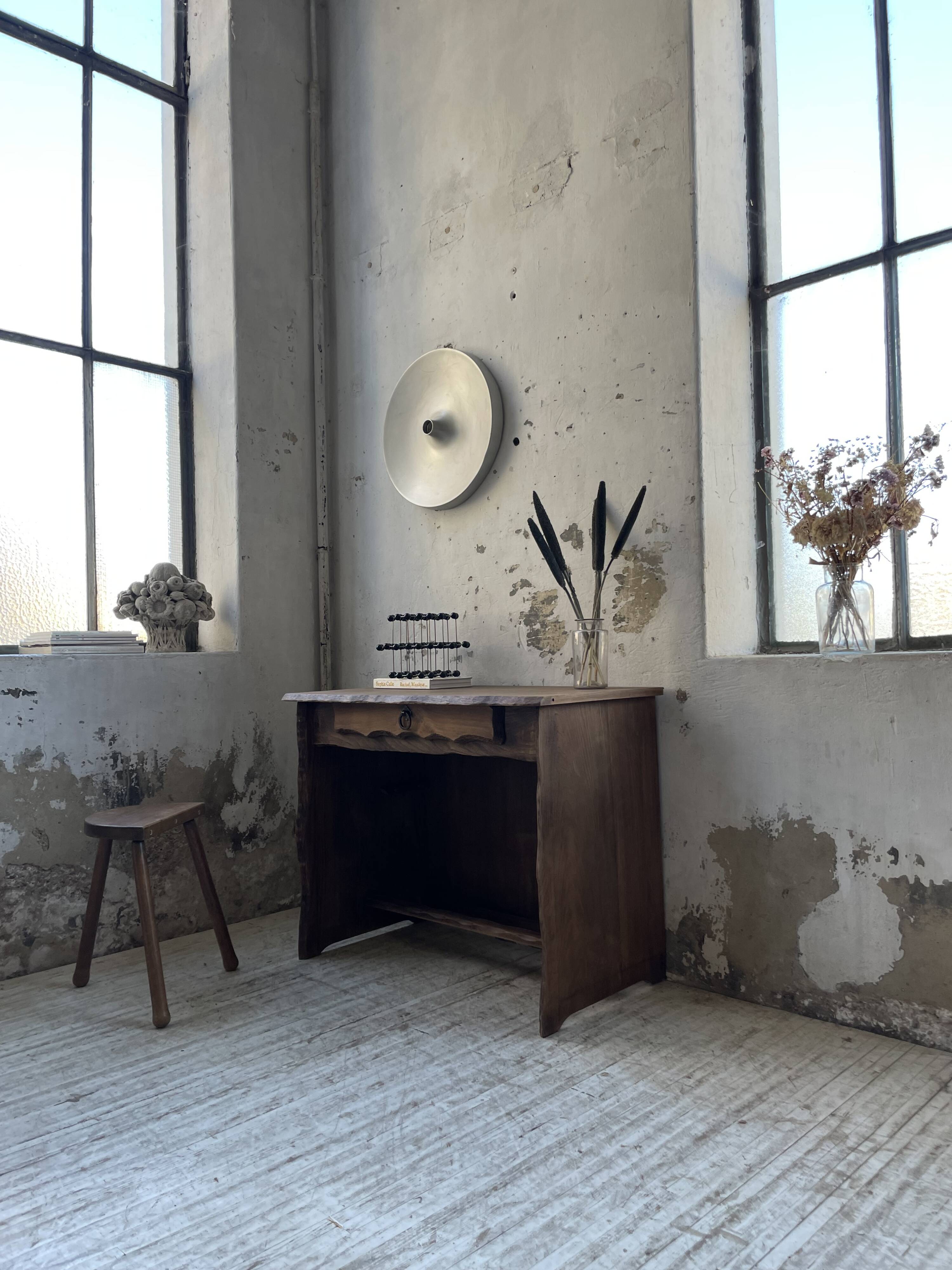 Brutalist desk in elm, signed Aranjou.