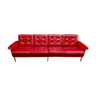 Red leather sofa 4 places design 1950.