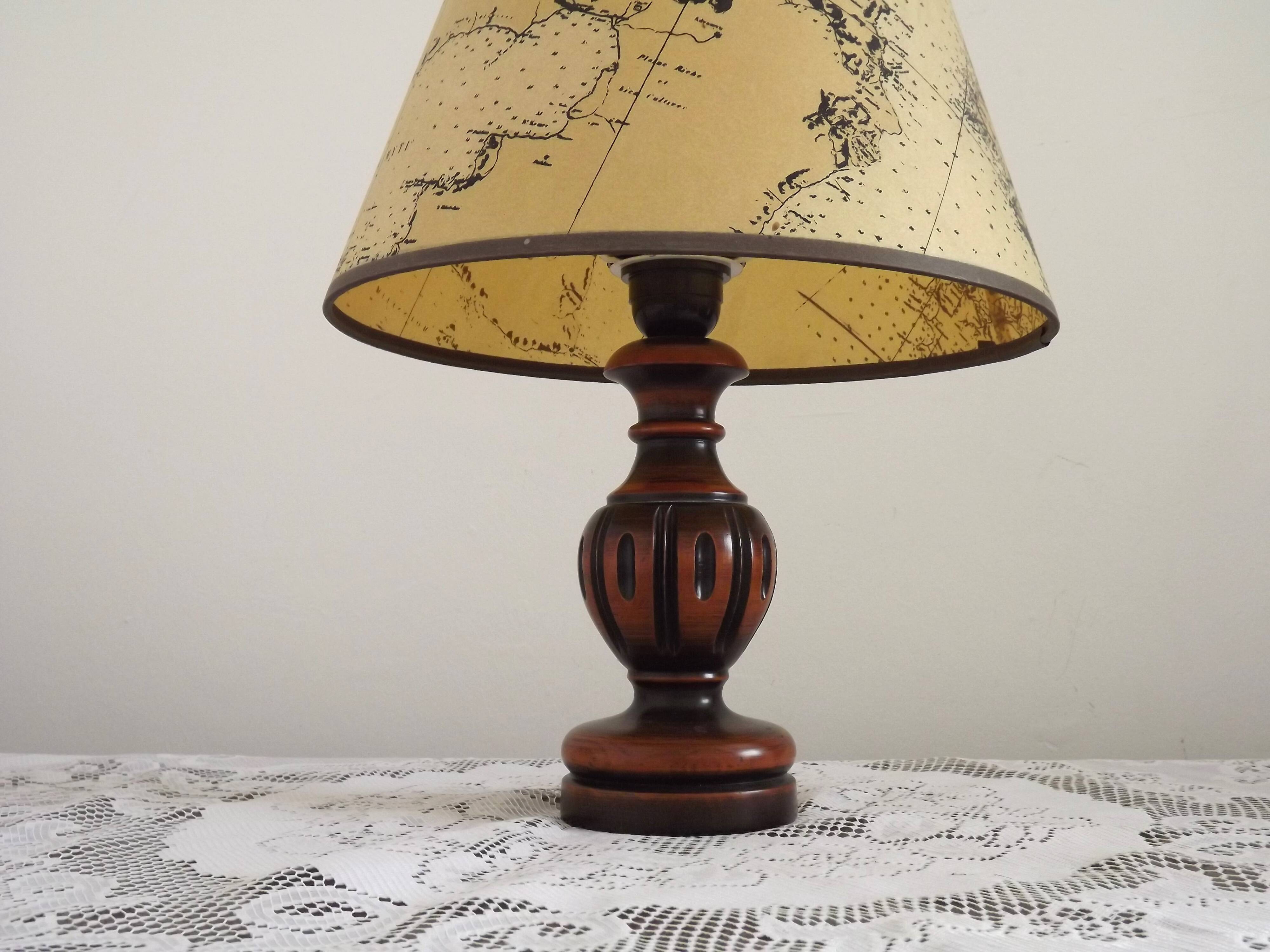 French Mid Century Round Turned Wood Grooved Table Lamp Map Detail Shade