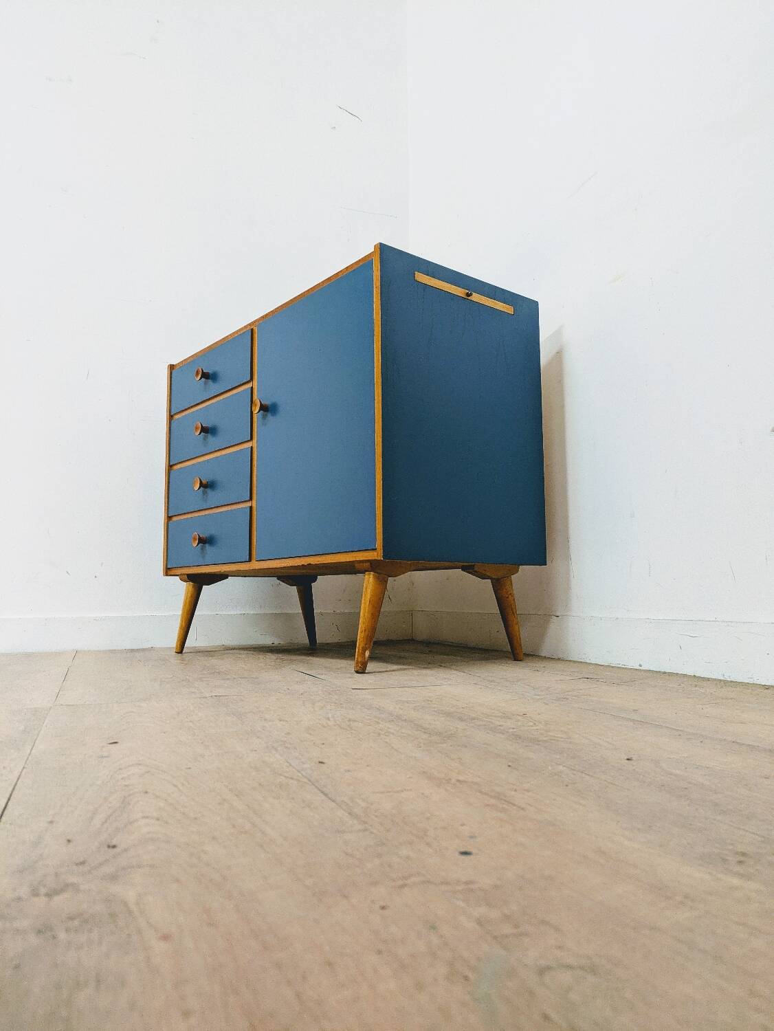 Vintage wooden and blue chest of drawers