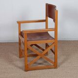 Vintage bridge chair in solid wood and leather, 1980