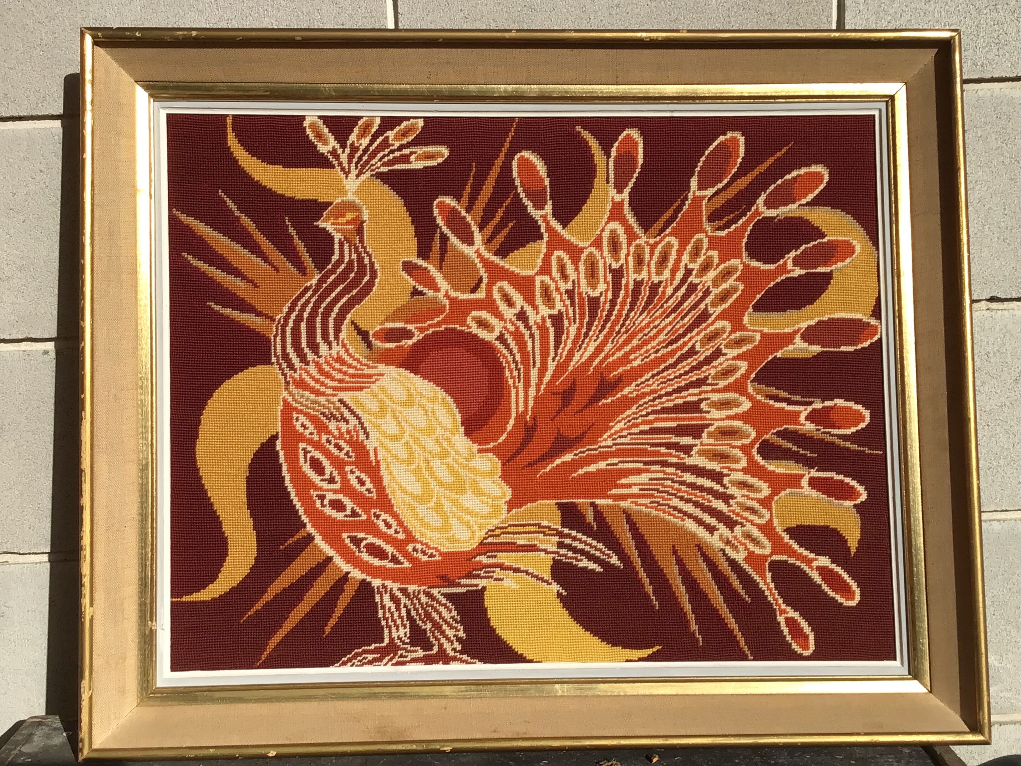 Framed peacock tapestry 75 x 61cm