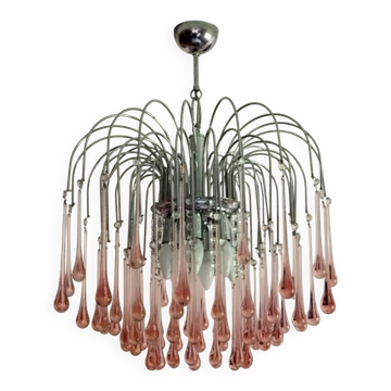 Paolo Venini: Cascade chandelier with pink Murano glass drops.