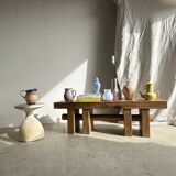 Solid wood bench with openwork base crossed by a cylinder - Mango wood