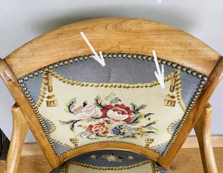 19th century St Empire armchair in pegged blond walnut with cross-stitched tapestries