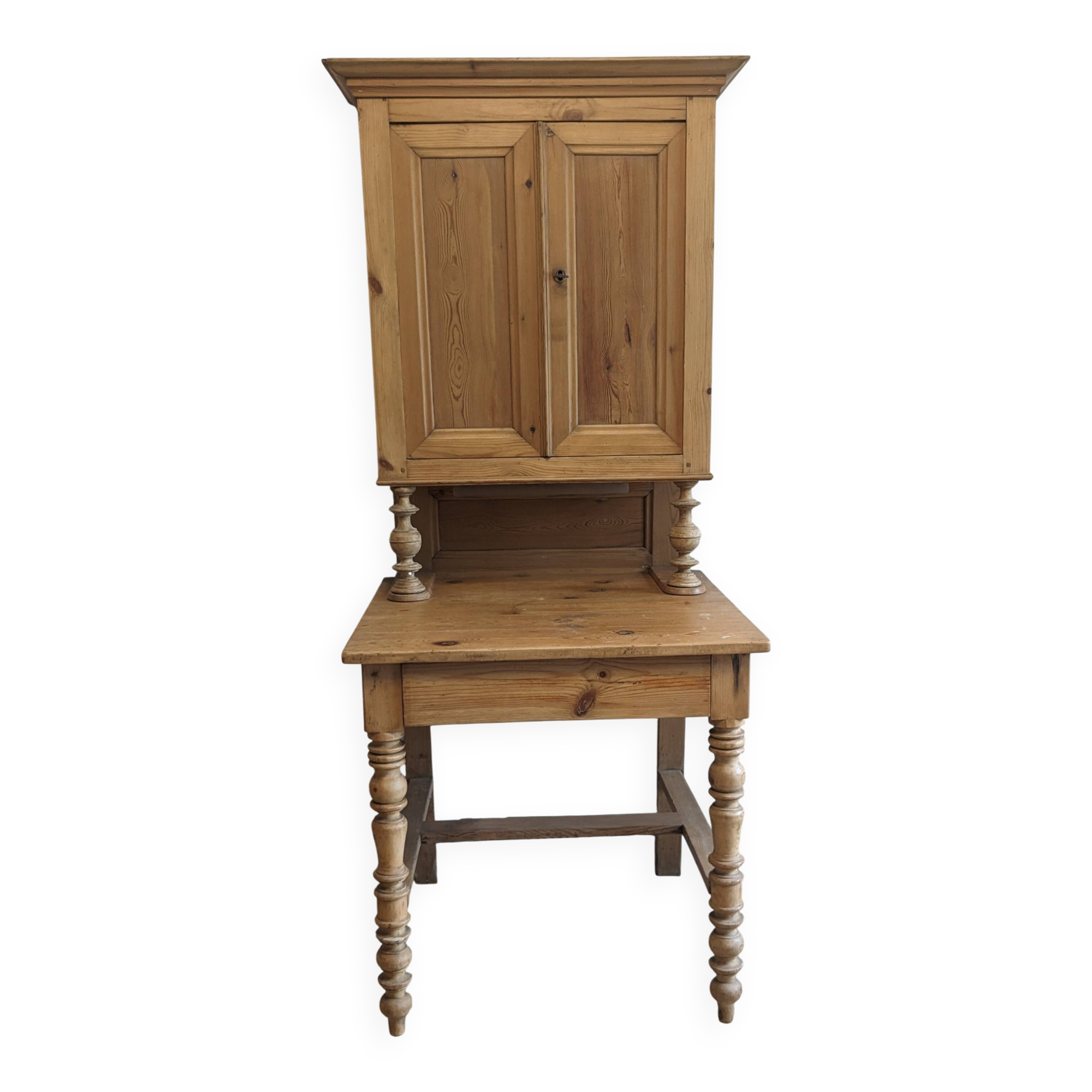 Former campaign secretary's desk in solid pine with a high cupboard.