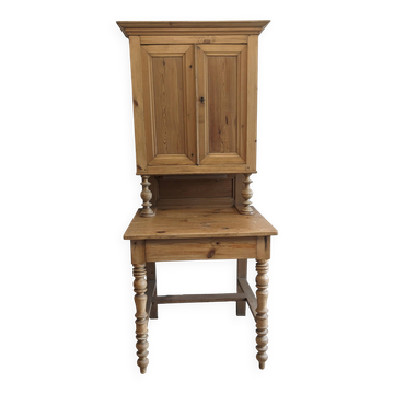 Former campaign secretary's desk in solid pine with a high cupboard.