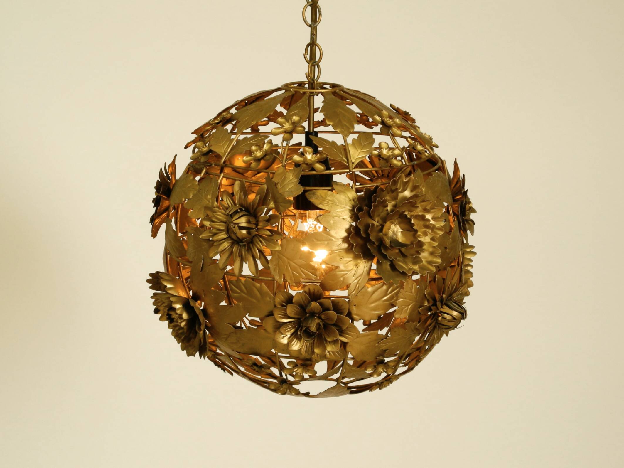 Beautiful floral-style spherical metal ceiling lamp, 1970s Regency design